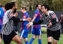 Derby delight: Myles Anderson (right) celebrates after scoring Heybridge Swifts' winner against Maldon and Tiptree.