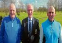 VICTORIOUS: Winter League round seven winners Ricky Todd (left) and Nick Rushen (right) with Maldon club captain Terry Butcher.