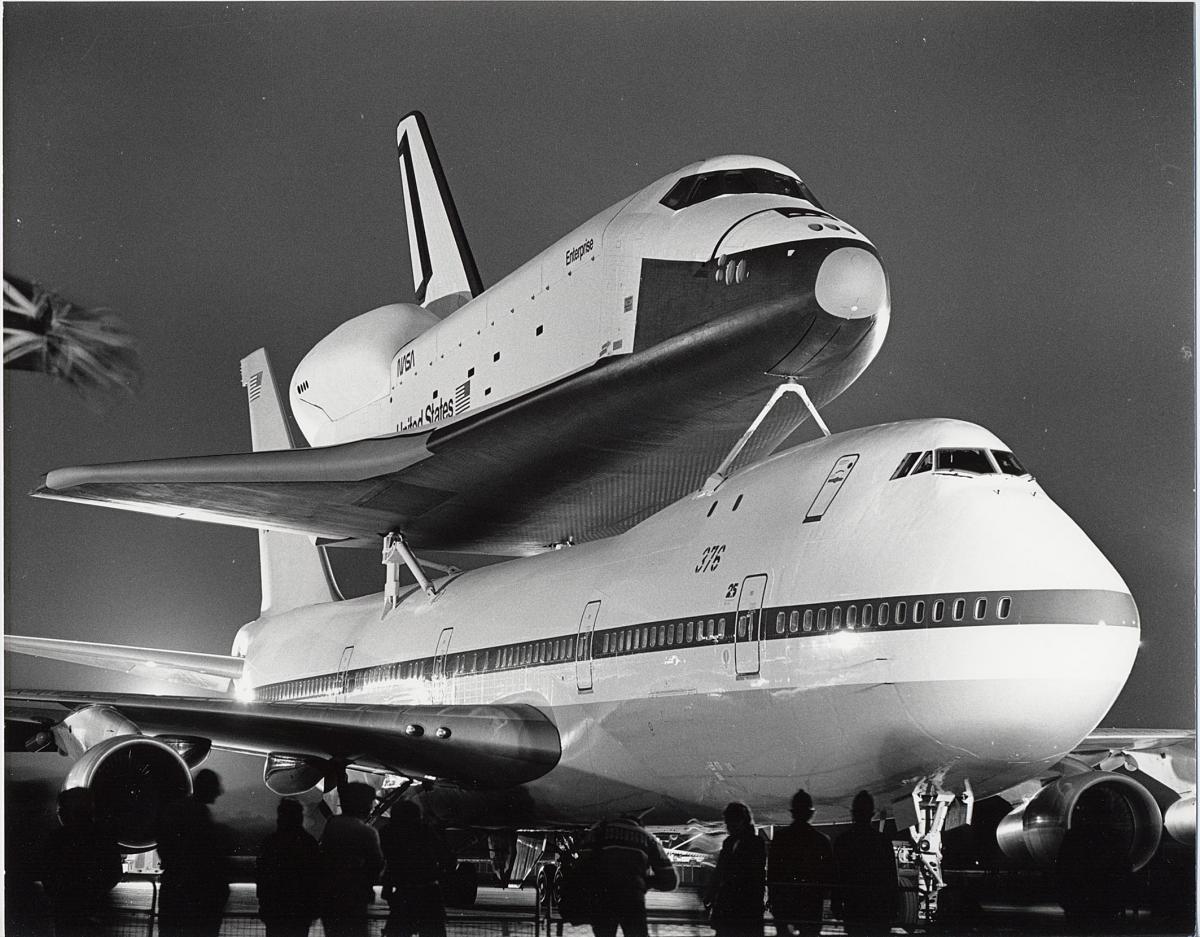 The space shuttle Enterprise, riding piggy back on a Boeing 747, when it landed at Stansted Airport in 1983.
Picture by Derek Argent