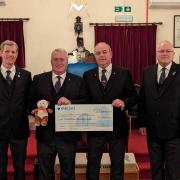 Colin Corby, Ian Watson, Martin Harvey and Peter Richardson at a presentation ceremony after Maldon Masonic Lodge donated £1,000 to charity