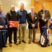 ALL SMILES: Enjoying Five Lakes’ Invitational Members Golf Day were Charlie Powell, Les Powell, PGA professional at the Resort Gary Carter, club captain Nigel Popper, winner of the Crowne Plaza trophy Clive Weir and ladies’ prize winner Sue Gee.