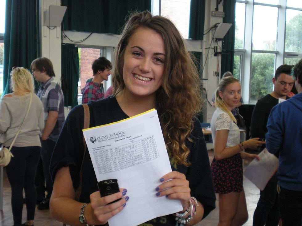 Pictured is Plume School's Georgia-May Collings with her A-level results.