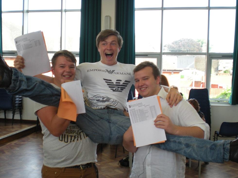 Tom Layley, Connor Mayes and Jake Frostick with their A-level results.