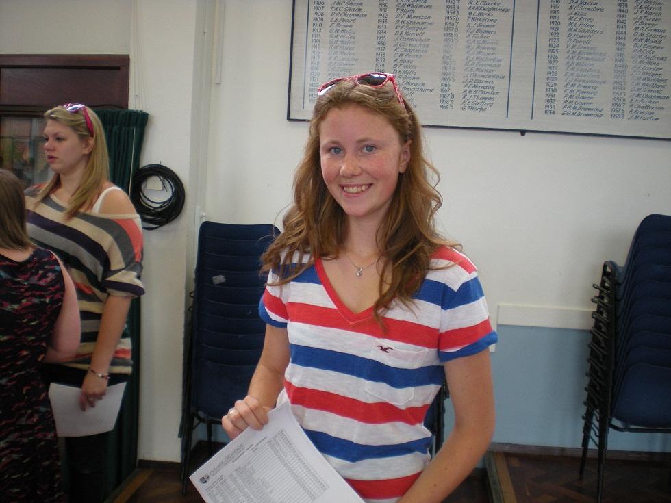 Plume School pupil Chloe Daniels with her A-level results.