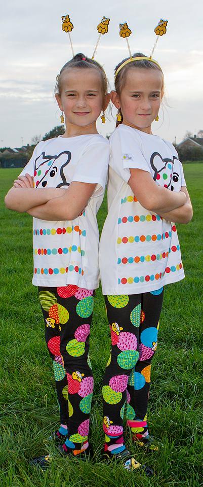 Twins Ruby and Scarlett Haylock, aged 7, in their Children in Need outfits
