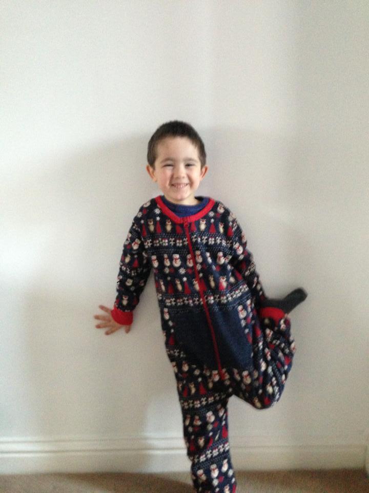 Four-year-old Sonny O'Connell in his Christmas onesie ready for a pyjama day at St Cedds Primary School in Bradwell.
