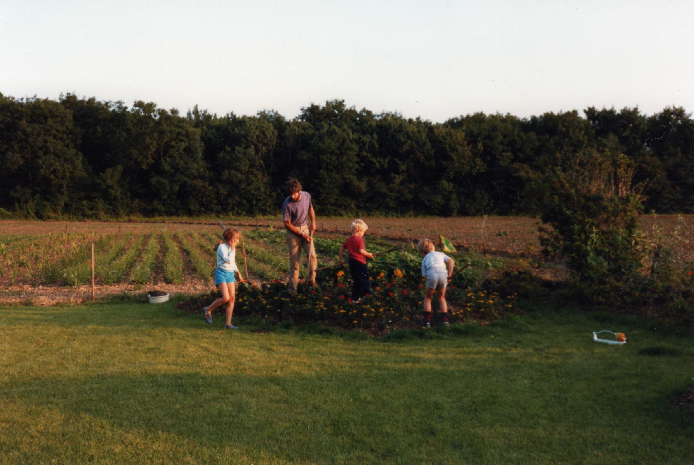 A young Alan Bourne gardening with his children at Perrywood