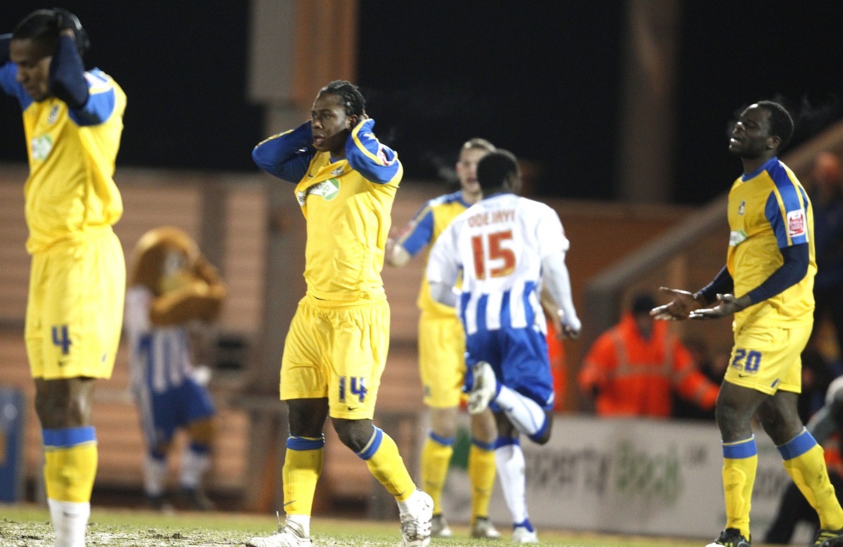Scratching their heads - Southend defenders look crestfallen after conceding in the derby at Colchester on February 8, 2010. Anthony Wordsworth, who later played for the Shrimpers, scored both goals in a 2-0 victory