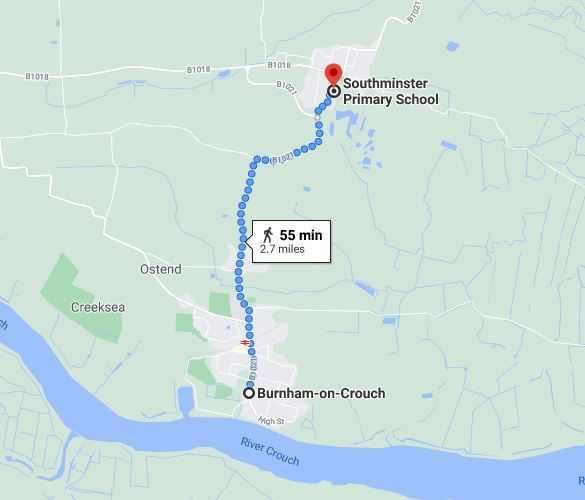 An illustration of how far Burnham is from Southminster by foot. Photo - Google Maps