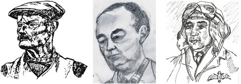 the Bradwell three (l. to r. Linnett, Driberg and Poupore) (drawings A. Puttock).