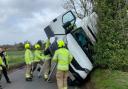 Maldon firefighters rescued a driver whose empty lorry had been tipped over by the wind. Photo: Maldon Fire Station, Essex Fire and Rescue Service