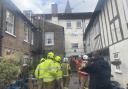 Emergency service workers at the scene of the Blue Boar Hotel in Maldon on Friday as it was hit by Storm Eunice
