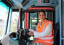 All aboard - Witham MP Dame Priti Patel in the drivers seat during a visit to the Hedingham depot in Kelvedon