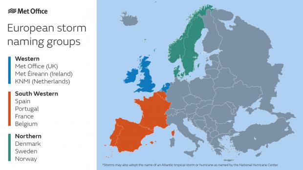 Maldon and Burnham Standard – Photo via Met Office shows European storm name groups.