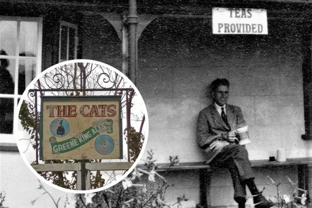 A visitor to The Cats in August 1925 and (inset) the pub’s sign today. Photo: by permission Kevin Fuller