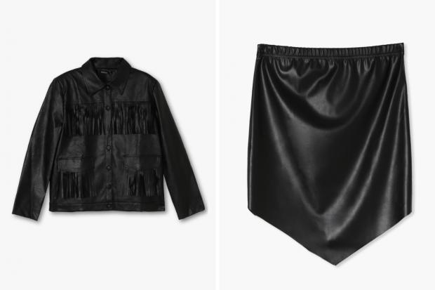 Maldon and Burnham Standard: (Left) Fringe Faux Leather Jacket and (right) Pointed Hem PU Mini Skirt in black (Boohoo/Canva)