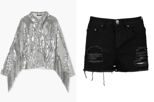 Maldon and Burnham Standard: (Left) Sequin Fringe Detail Shirt and (right) Petite High Rise Distressed Denim Shorts (Boohoo/Canva)