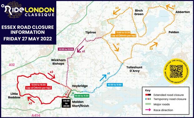 Maldon and Burnham Standard: A map of the road closures in place for the RideLondon Classique on May 27. Photo: RideLondon