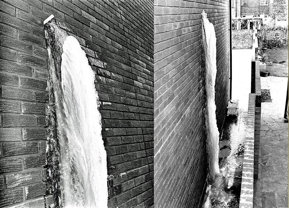This huge icicle is made from a upstairs dripping overflow pipe, taken in a very cold and freezing 1980s winter by Derek Argent.

