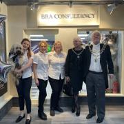 The Bra Consultancy team with mascot Teddy and Maldon town mayor and mayoress David and Sharon Ogg