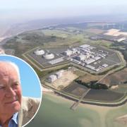 The proposed Bradwell B, and (inset) Prof Andy Blowers of the Blackwater Against New Nuclear Group