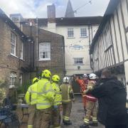 Emergency service workers at the scene of the Blue Boar Hotel in Maldon on Friday as it was hit by Storm Eunice