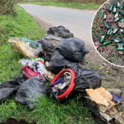 Bags of rubbish found along roads in Little Totham, Tolleshunt Major and Goldhanger including 55 mini bottles of Jameson whiskey (inset)
