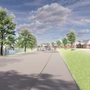 Artist's impression of the view north of Burnham Waters retirement village along the main road between the lake and bungalows