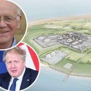 Andy Blowers (inset), chair of group against Bradwell B (pictured),  says Government's nuclear boost plans are unachievable but PM Boris Johnson (inset: PA) says it will increase energy self-sufficiency
